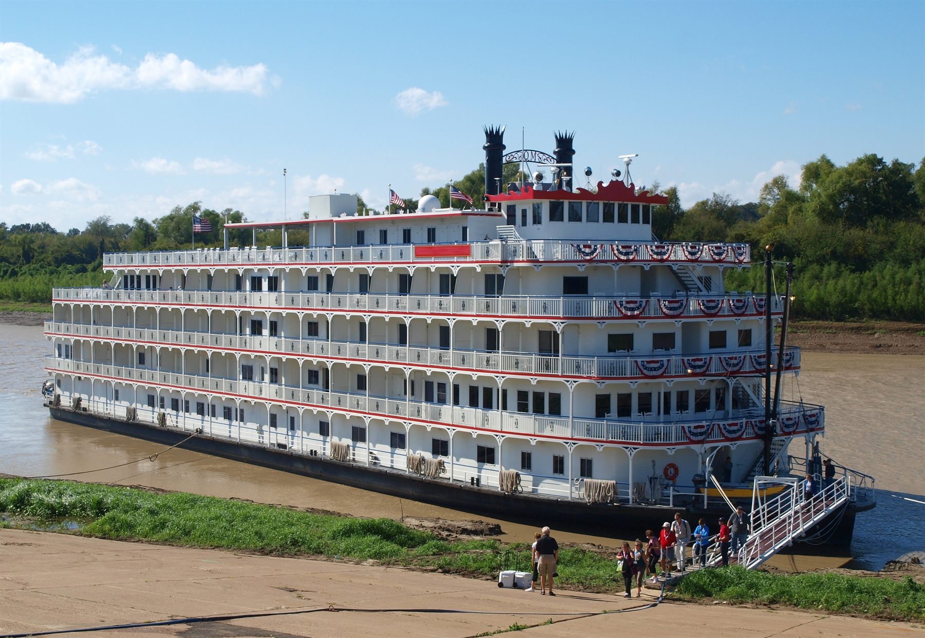 Multi-deck sternwheeler riverboat docked on the Mississippi at Vicksburg